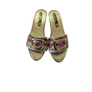 Vintage Yung Kee  Slip-on Wedge Sandals Gold w/ Embellishments Size 39